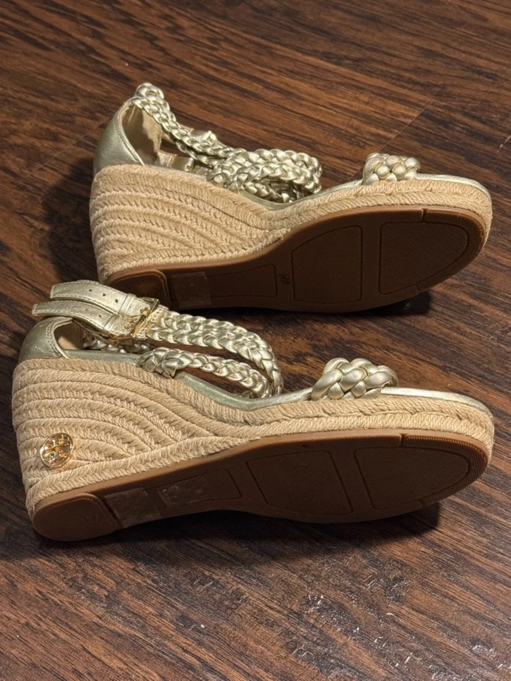 Tory Burch Metallic Gold Braided Espadrille Wedge Sandals, Sz 8.5, Like New